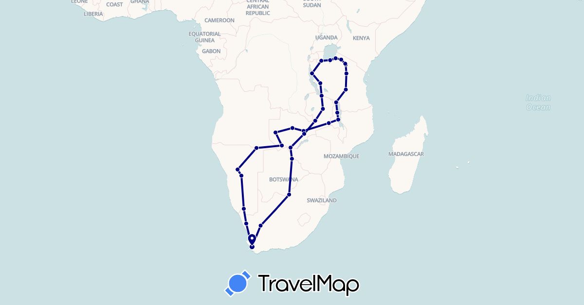 TravelMap itinerary: driving in Botswana, Malawi, Namibia, Tanzania, South Africa, Zambia (Africa)